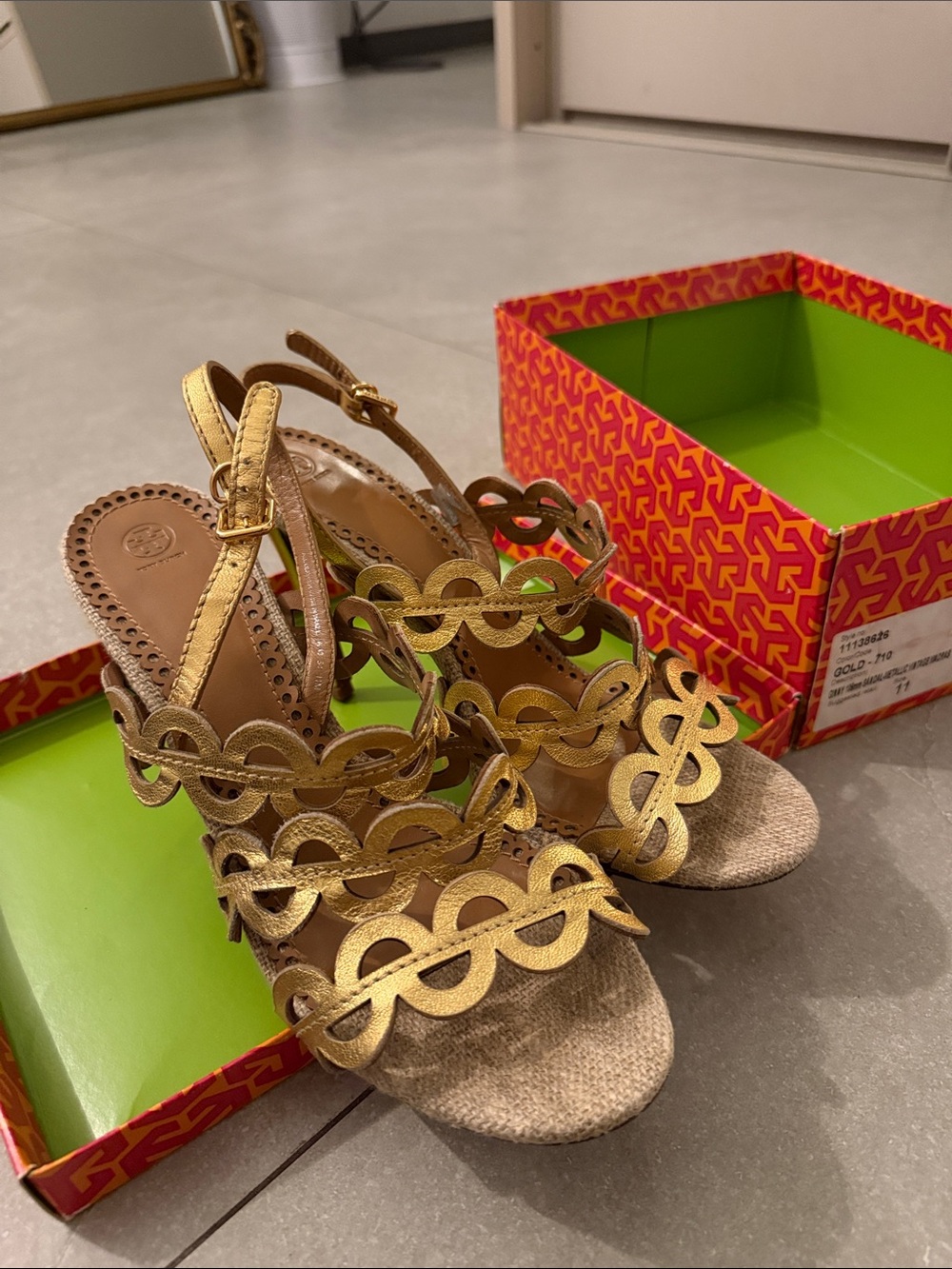 Tory Burch Metallic Gold Scalloped Strappy Heels